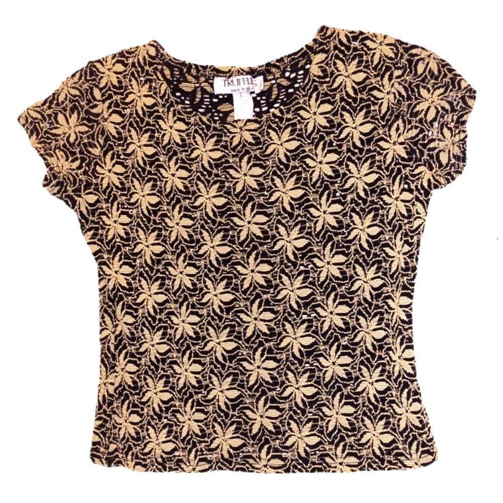 VTG Truffles Black and Tan Floral Stretch Short Sleeve Tee Size M Retro 1990s
